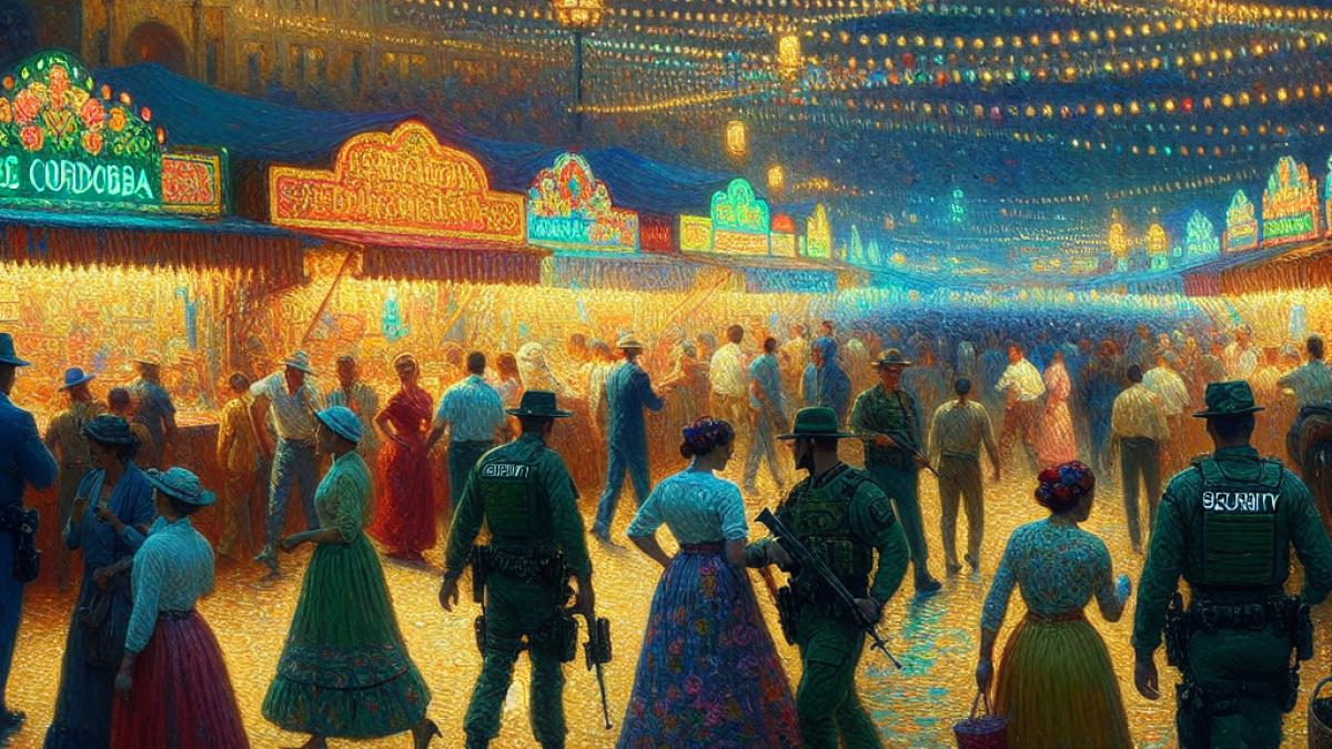 A festive night scene at the Feria de Córdoba, people in traditional attire strolling near brightly lit casetas, a subtle police presence watching over, impressionist style, vibrant lights with a hint of tension in the background.