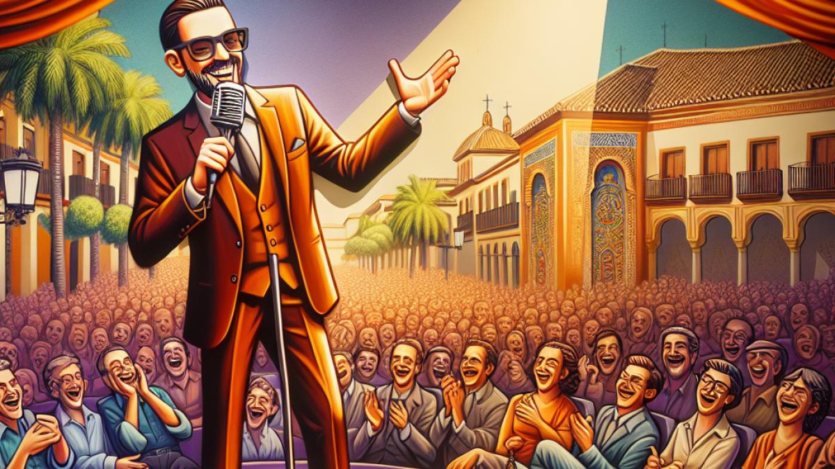 A lively theater scene in Córdoba with an enthusiastic audience laughing, a spotlight on a charismatic stand-up comedian holding a microphone, modern illustration style, warm lighting, subtle Andalusian architectural details in the background.