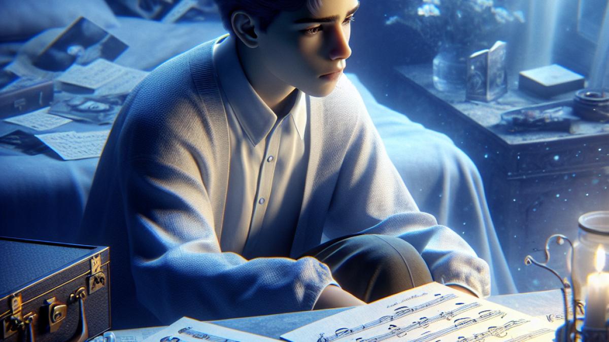 Aitana sitting pensively in a softly lit blue-toned bedroom, surrounded by music sheets and personal items, photorealistic editorial style, serene mood, subtle signs of both vulnerability and strength.