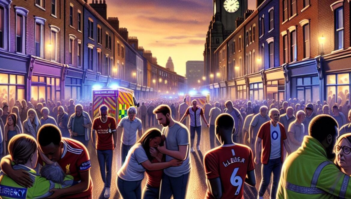 A crowded street in Liverpool at dusk after a football match, emergency services assisting injured people, emotional fans comforting each other, photorealistic editorial style, dramatic lighting with a sense of community resilience.