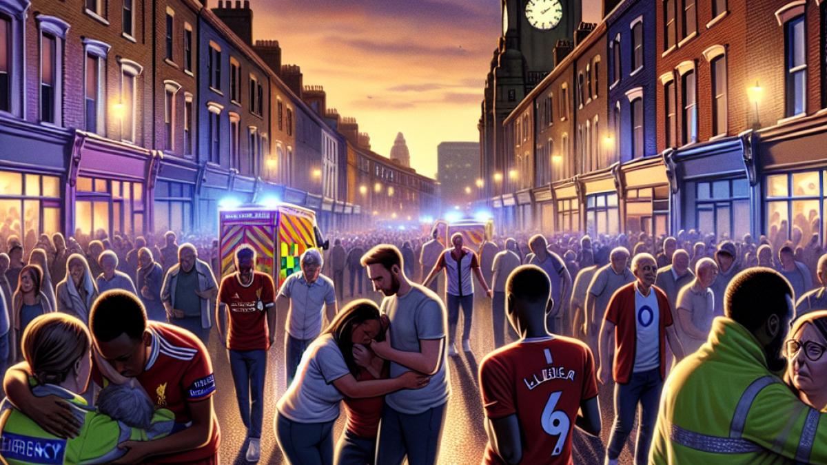 A crowded street in Liverpool at dusk after a football match, emergency services assisting injured people, emotional fans comforting each other, photorealistic editorial style, dramatic lighting with a sense of community resilience.