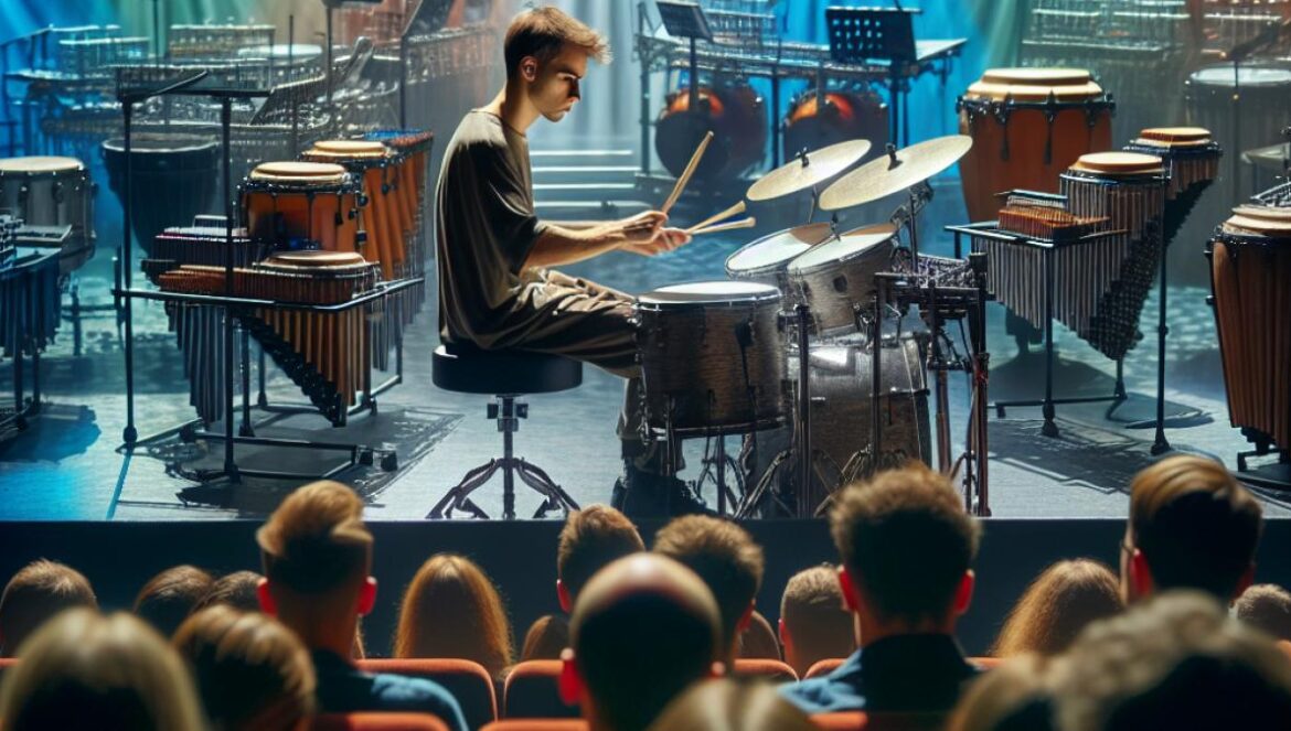 A young male percussionist on stage at Teatro Duque de Rivas in Córdoba, intensely playing a drum set surrounded by various percussion instruments, with vibrant stage lights highlighting both traditional drums and electronic pads, a captivated audience visible in the foreground, photorealistic editorial style.