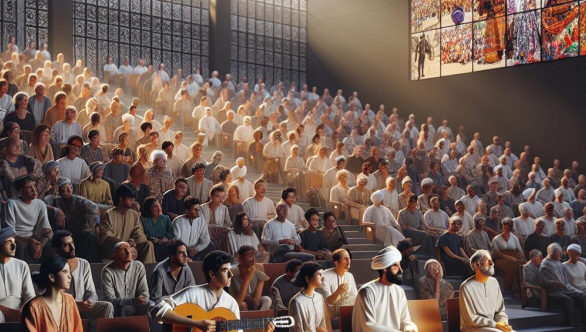 A contemporary art center auditorium in Córdoba, Spain, filled with an attentive audience watching a large screen collage of historical Spanish film images, while two musicians perform live on stage with guitars; photorealistic editorial style, warm evening lighting, focus on cultural ambiance and engaged spectators.