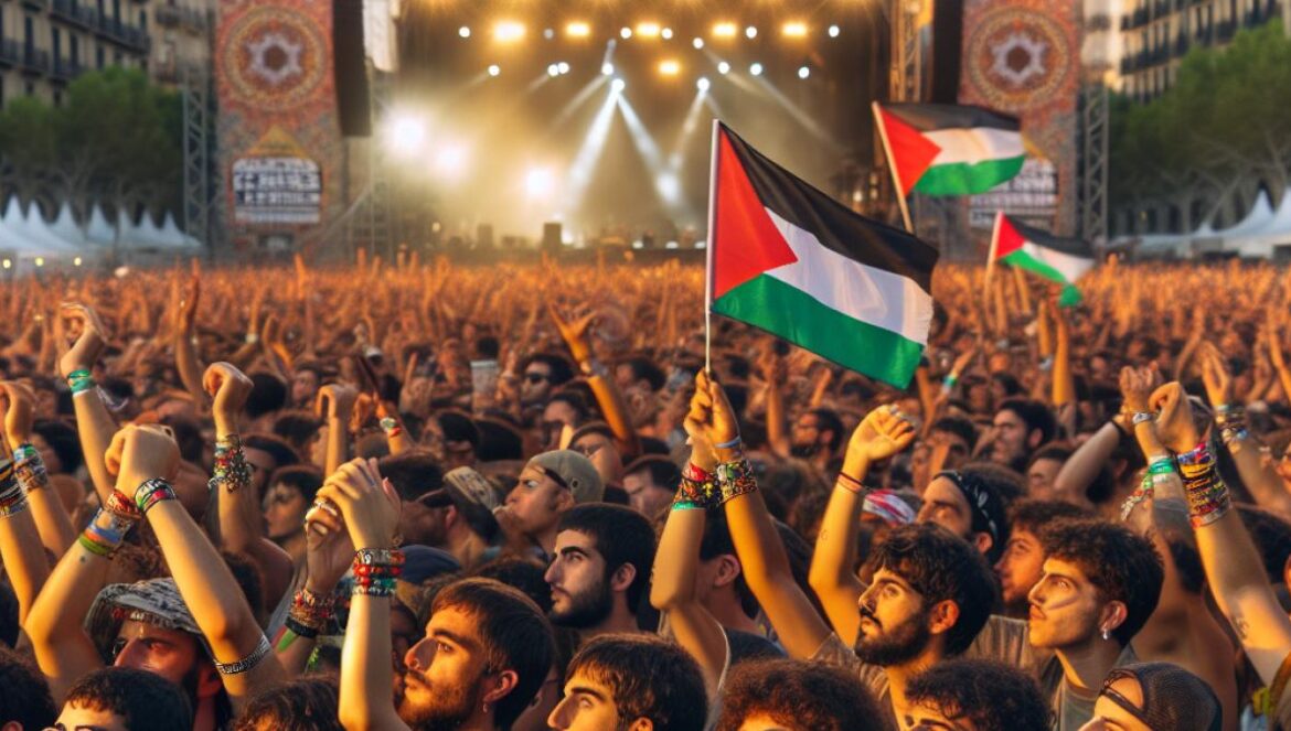 A large music festival crowd in Barcelona at dusk, with visible Palestinian flags and symbolic bracelets among attendees, photorealistic editorial style, vibrant but contemplative mood, clear stage lights and banners referencing activism.