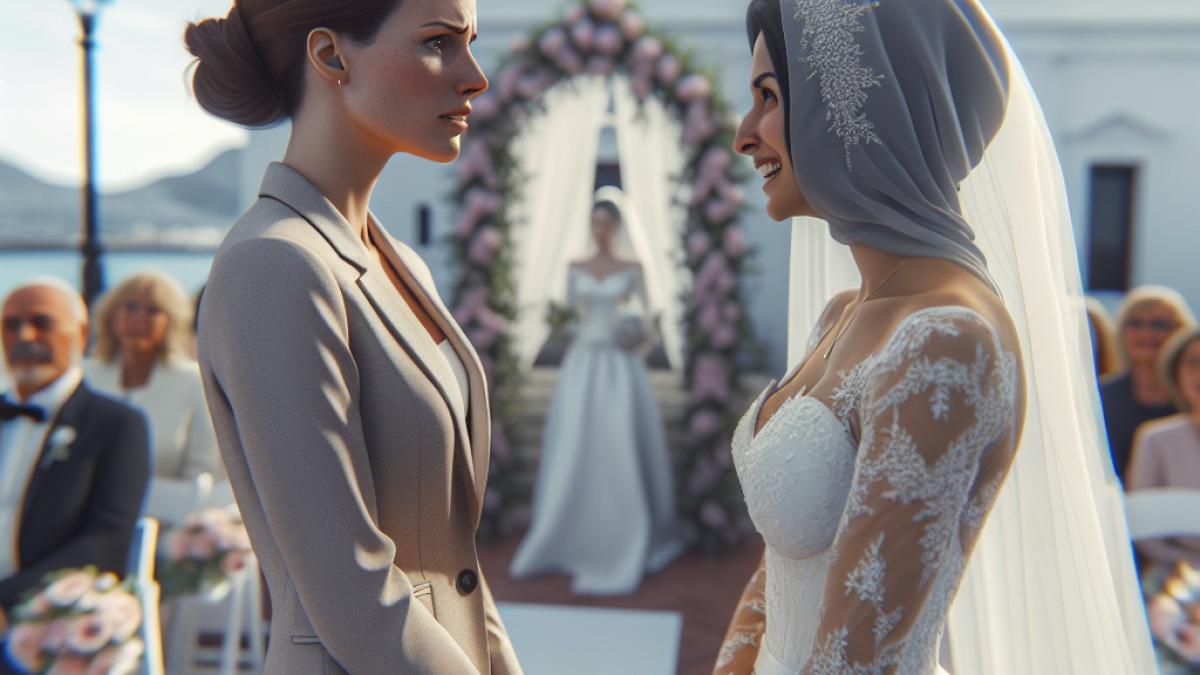 Two women, one in an elegant pantsuit and the other in a chic wedding dress, standing face-to-face with nervous excitement at a civil wedding ceremony in Gibraltar, photorealistic editorial style, soft daylight, candid emotions and subtle wedding details.