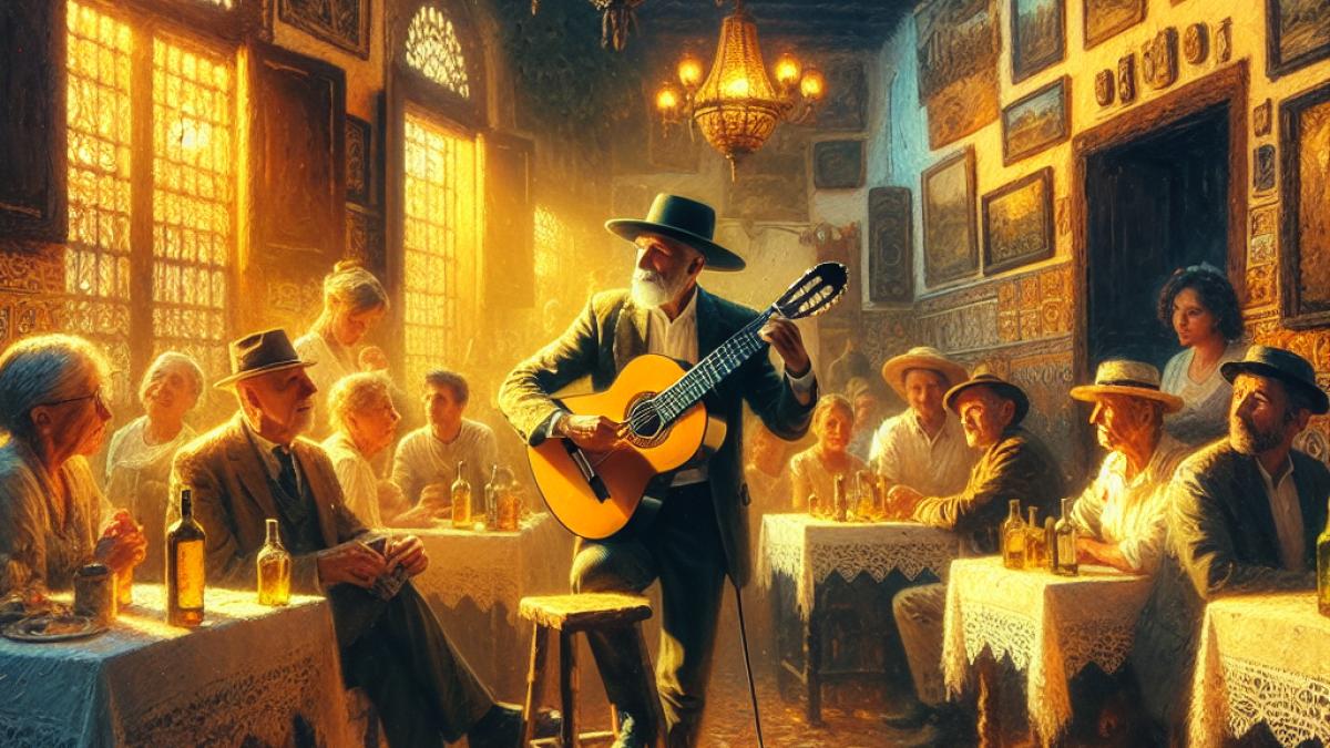 A charismatic older Spanish guitarist playing in a rustic Andalusian tavern at dusk, impressionist style, warm golden lighting, details of traditional décor and attentive listeners nearby, evoking both intimacy and legacy.