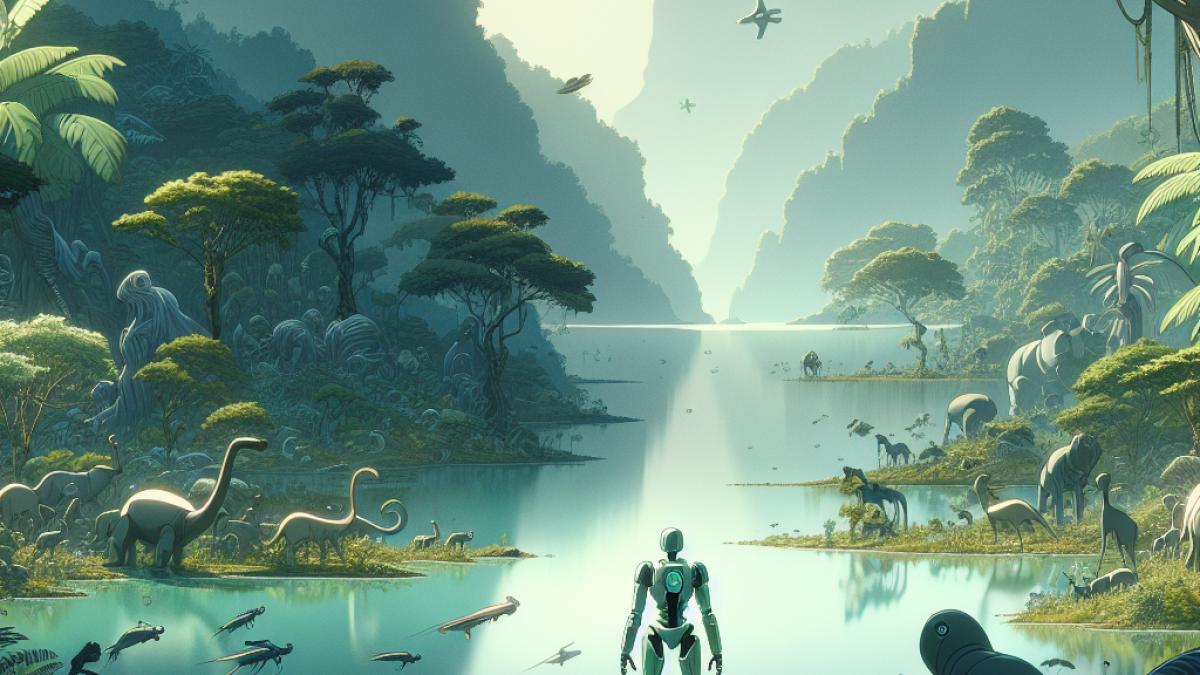 A lone futuristic robot standing on a lush wild island surrounded by curious animals, cinematic animation style, soft natural lighting with vibrant greens and blues, subtle emotional atmosphere reflecting wonder and discovery.