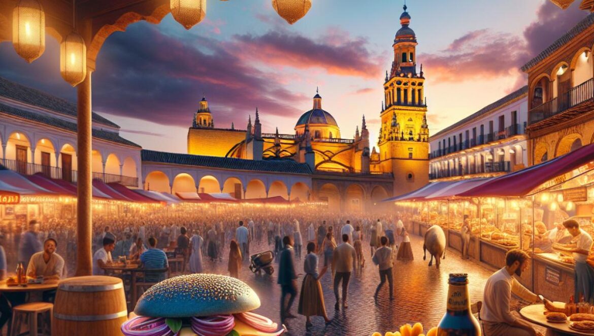 A vibrant Andalusian plaza in Córdoba at dusk, food stalls and joyful crowds gathered around, a blue brioche gourmet hamburger displayed prominently in the foreground, photorealistic style, festive and inviting atmosphere, warm golden lighting highlighting local culinary artisans at work.