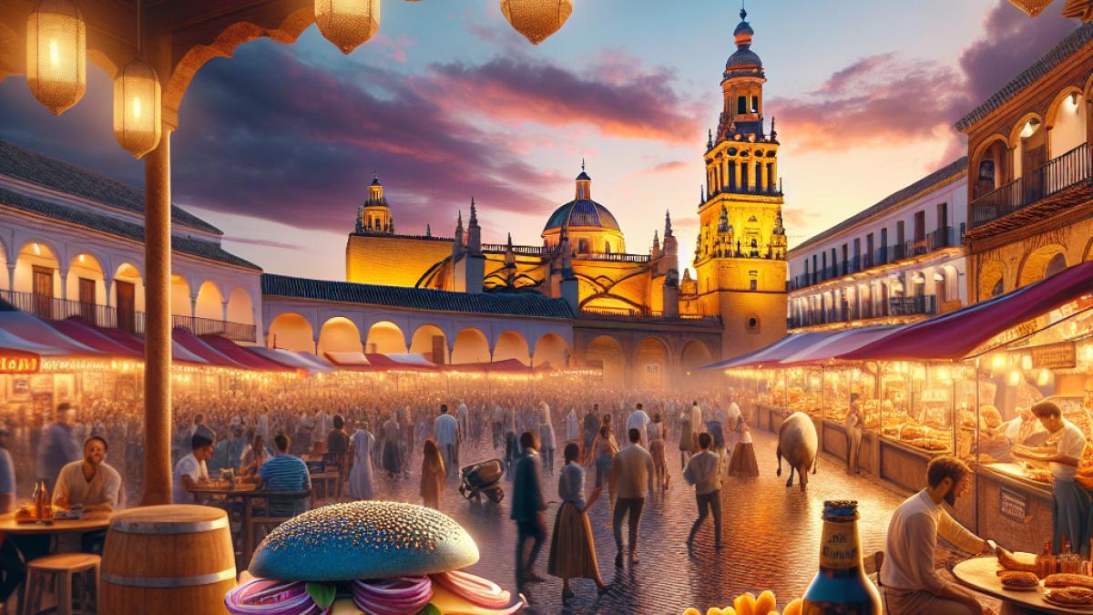 A vibrant Andalusian plaza in Córdoba at dusk, food stalls and joyful crowds gathered around, a blue brioche gourmet hamburger displayed prominently in the foreground, photorealistic style, festive and inviting atmosphere, warm golden lighting highlighting local culinary artisans at work.