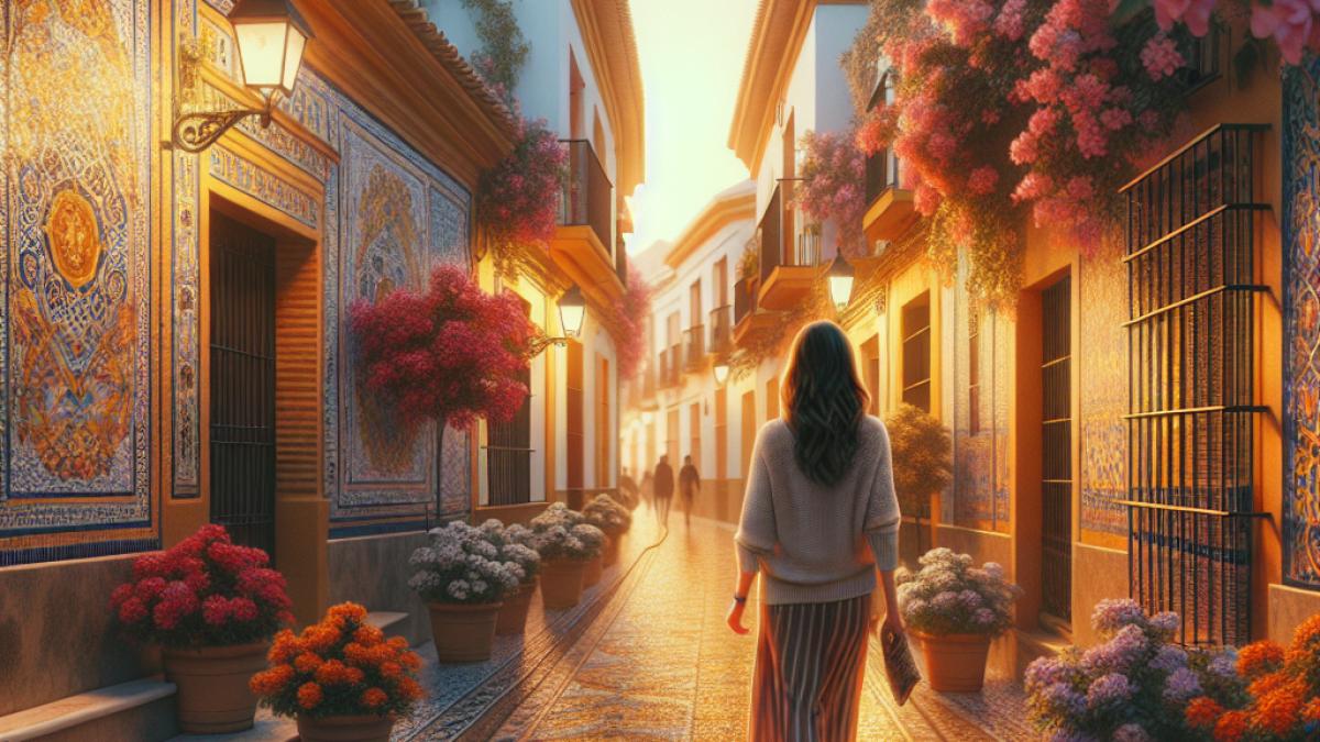 Sara Carbonero marchant dans la Calleja de las Flores de Cordoue, ambiance dorée du soir, photorealistic editorial style, ruelles fleuries, mosaïque colorée, atmosphère paisible et authentique