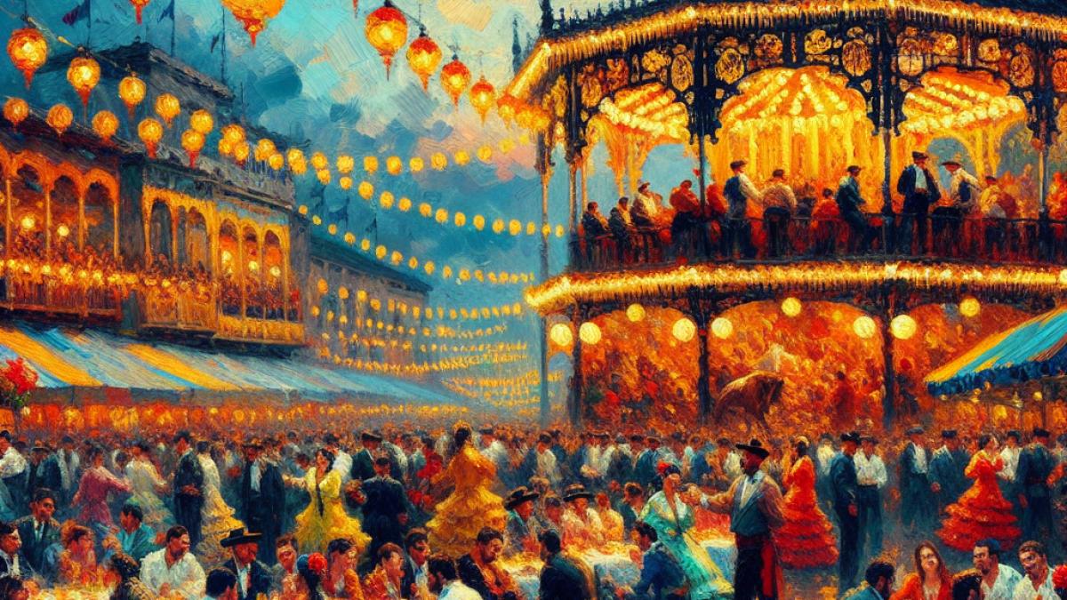 A vibrant Spanish feria scene at dusk, with the grand Gloria Bendita caseta glowing with lanterns and bustling crowds, traditional flamenco musicians performing on a wooden stage, locals in colorful feria dresses enjoying Andalusian cuisine under a canopy of flowering plants, impressionist style, festive and warm ambiance.