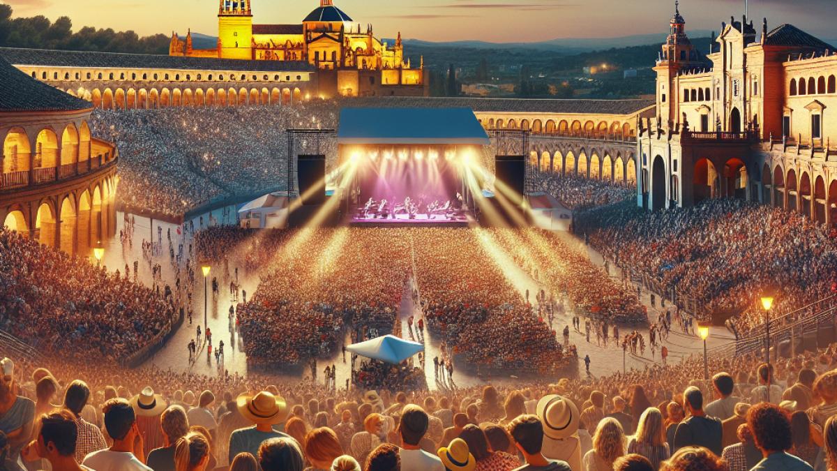 A lively crowd at an open-air night concert in Córdoba, Spain, with the illuminated Plaza de Toros de Los Califas and city monuments visible in the background, photorealistic editorial style, warm evening lighting capturing diverse concertgoers enjoying music.