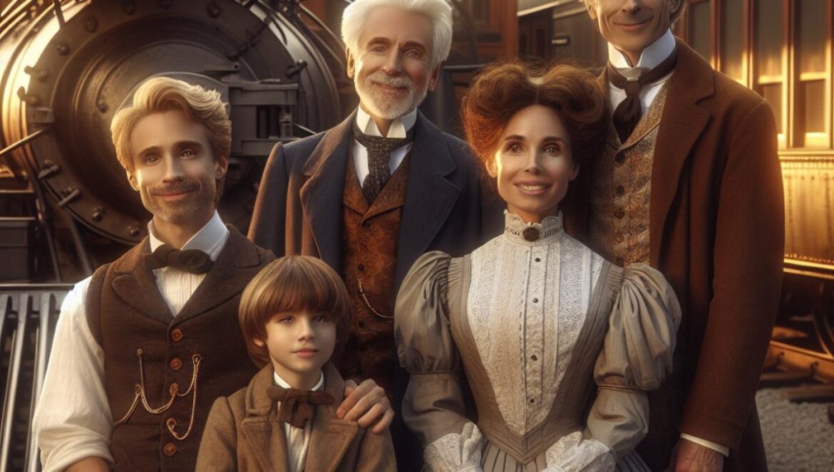 A photorealistic editorial shot of the iconic train scene from 'Back to the Future III', with Doc Brown, Clara, and their sons standing by the futuristic steam locomotive, golden late-afternoon light, everyone smiling except for young Verne who subtly gestures off-camera, detailed costumes and classic Western town in background.