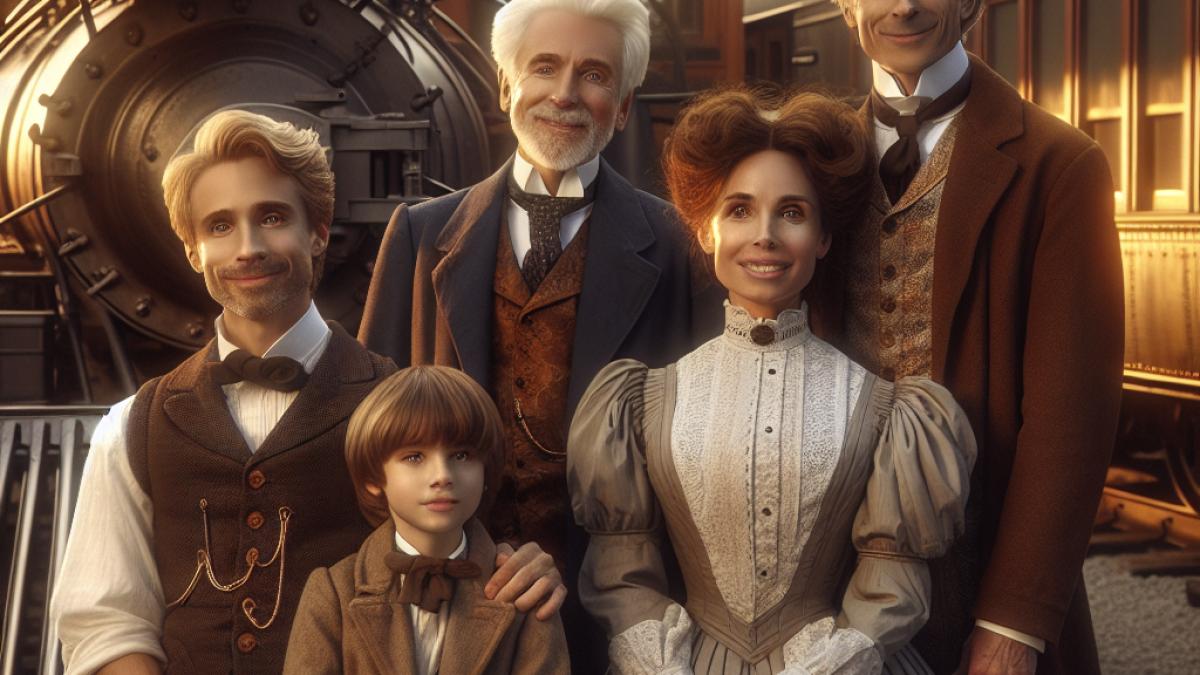 A photorealistic editorial shot of the iconic train scene from 'Back to the Future III', with Doc Brown, Clara, and their sons standing by the futuristic steam locomotive, golden late-afternoon light, everyone smiling except for young Verne who subtly gestures off-camera, detailed costumes and classic Western town in background.