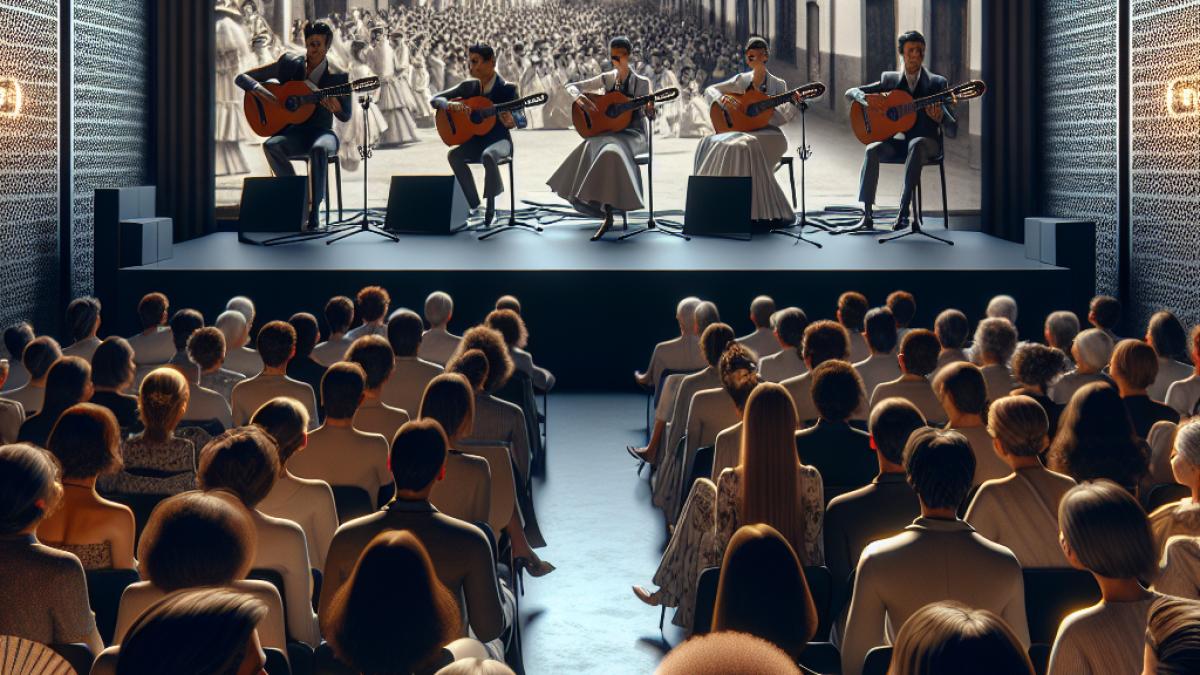 A stylish audience in the Black Box room of the C3A Córdoba, attentively watching a multimedia performance blending vintage Spanish film footage and live flamenco guitarists on stage, photorealistic editorial style, soft dramatic lighting, strong Andalusian visual cues like fans and traditional motifs.