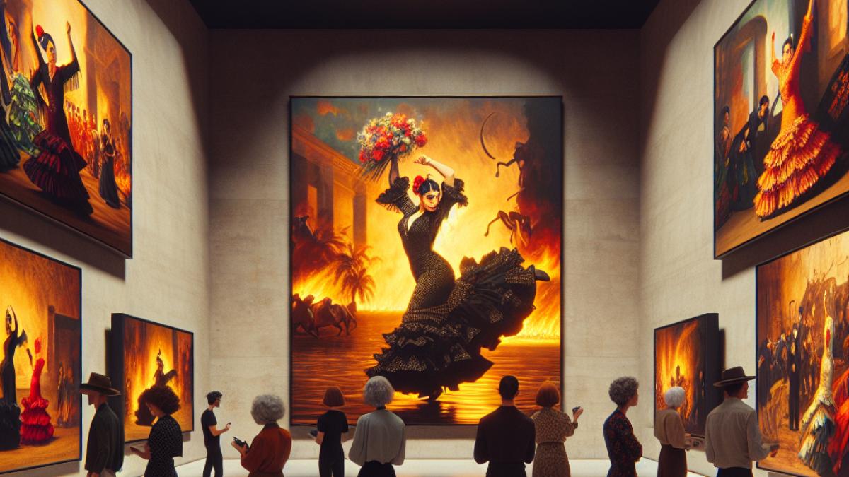 An evocative scene inside a contemporary art gallery, visitors pausing before vivid, theatrical paintings inspired by classic Spanish cinema and flamenco; a large projection in the background shows Lola Flores in mid-performance. Cinematic lighting with warm golden tones. Modern yet nostalgic ambiance blending visual arts and film.
