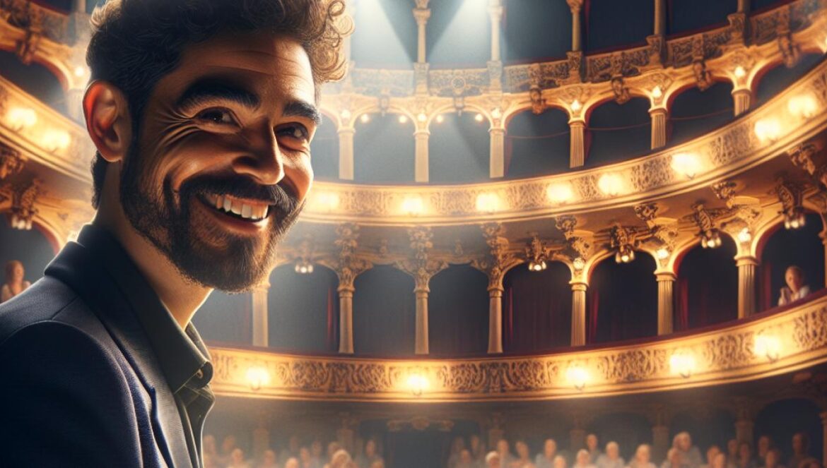 A charismatic Spanish comedian on stage at the Gran Teatro de Córdoba, photorealistic editorial style, warm spotlights illuminate an enthusiastic, packed audience, ornate theater details, lively and joyful mood.