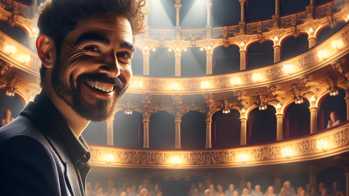 A charismatic Spanish comedian on stage at the Gran Teatro de Córdoba, photorealistic editorial style, warm spotlights illuminate an enthusiastic, packed audience, ornate theater details, lively and joyful mood.