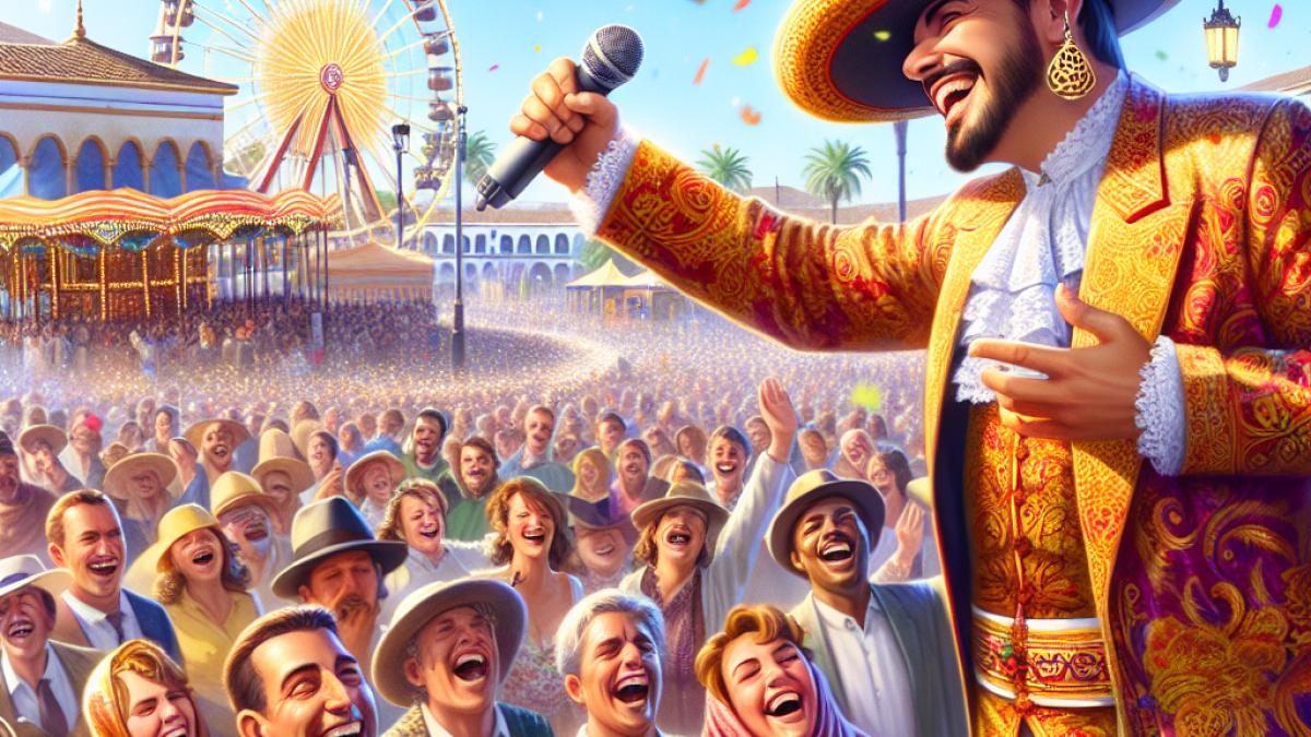 A lively scene at the entrance of the Feria de Córdoba, with festive crowds laughing, a comedian dressed in bright feria attire singing with a microphone, colorful fair tents and Ferris wheel in the background, vibrant digital painting style, cheerful daylight with sparkling confetti in the air.