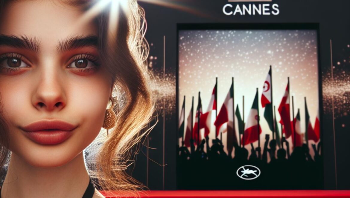 A young woman with mixed French and Algerian features, standing confidently on a red carpet at Cannes Film Festival, cinematic photo style, golden hour lighting, subtle French and Algerian symbols in the background, blending glamour and introspection.