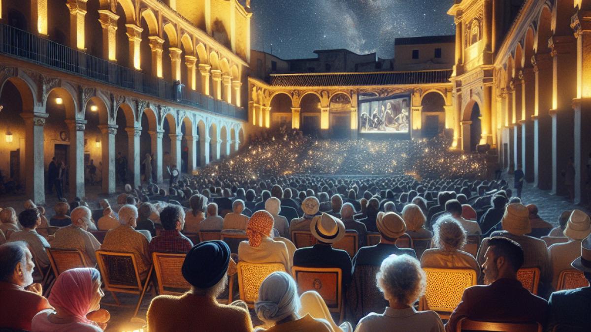 An atmospheric evening scene at the Coliseo de San Andrés open-air cinema in Córdoba, Spain, with people of all ages sitting on classic chairs, watching a film under the stars. Photorealistic editorial style, warm golden lighting, details of historic building facades and glowing popcorn stands.