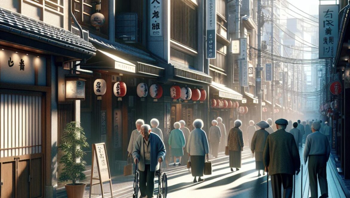 A bustling Tokyo street where elderly citizens outnumber young people, realistic style, early morning soft light, subtle signs of closed businesses and community care centers.