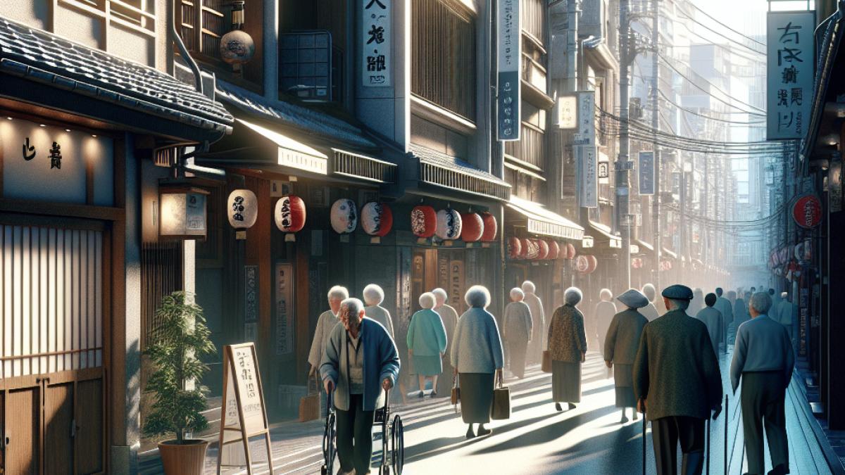 A bustling Tokyo street where elderly citizens outnumber young people, realistic style, early morning soft light, subtle signs of closed businesses and community care centers.