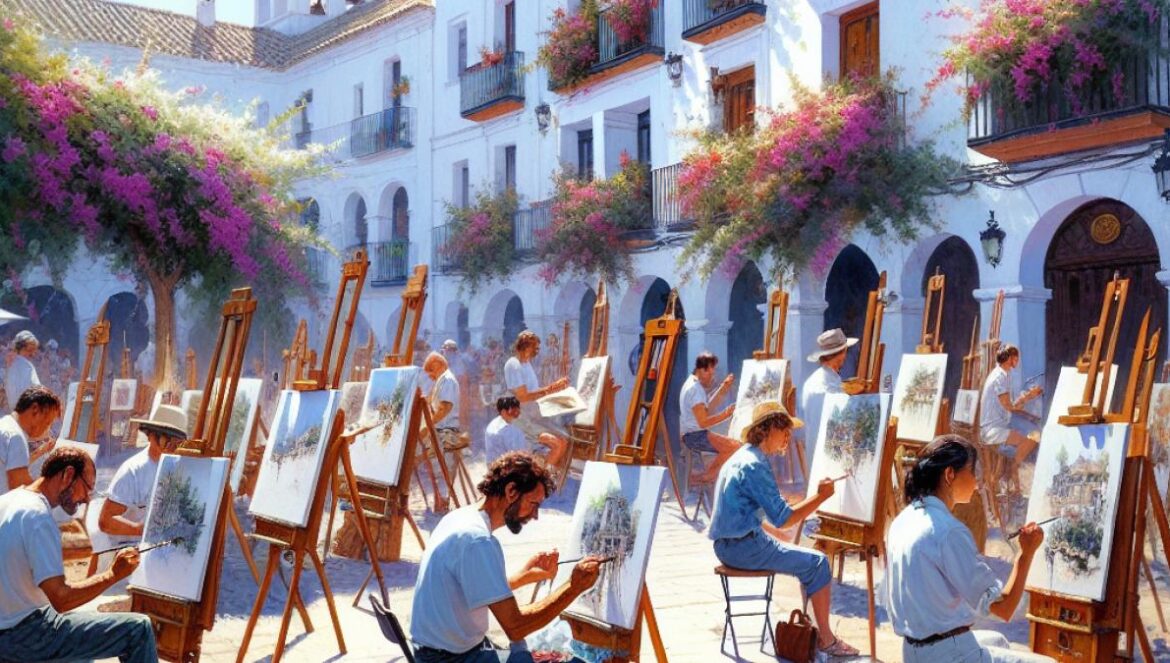 A group of passionate watercolor artists scattered across the sunlit squares of Cabra, Spain, painting local historic landmarks en plein air, photorealistic editorial style, morning light, easels set up in front of whitewashed buildings with blooming bougainvillea, a festive yet focused mood.