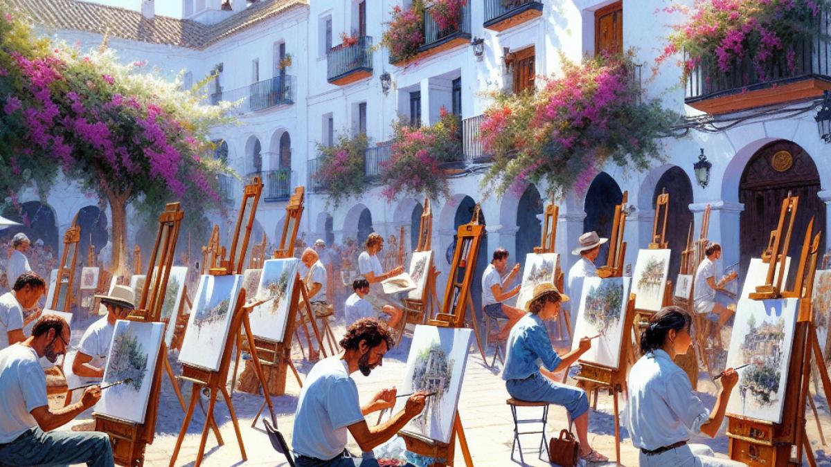 A group of passionate watercolor artists scattered across the sunlit squares of Cabra, Spain, painting local historic landmarks en plein air, photorealistic editorial style, morning light, easels set up in front of whitewashed buildings with blooming bougainvillea, a festive yet focused mood.