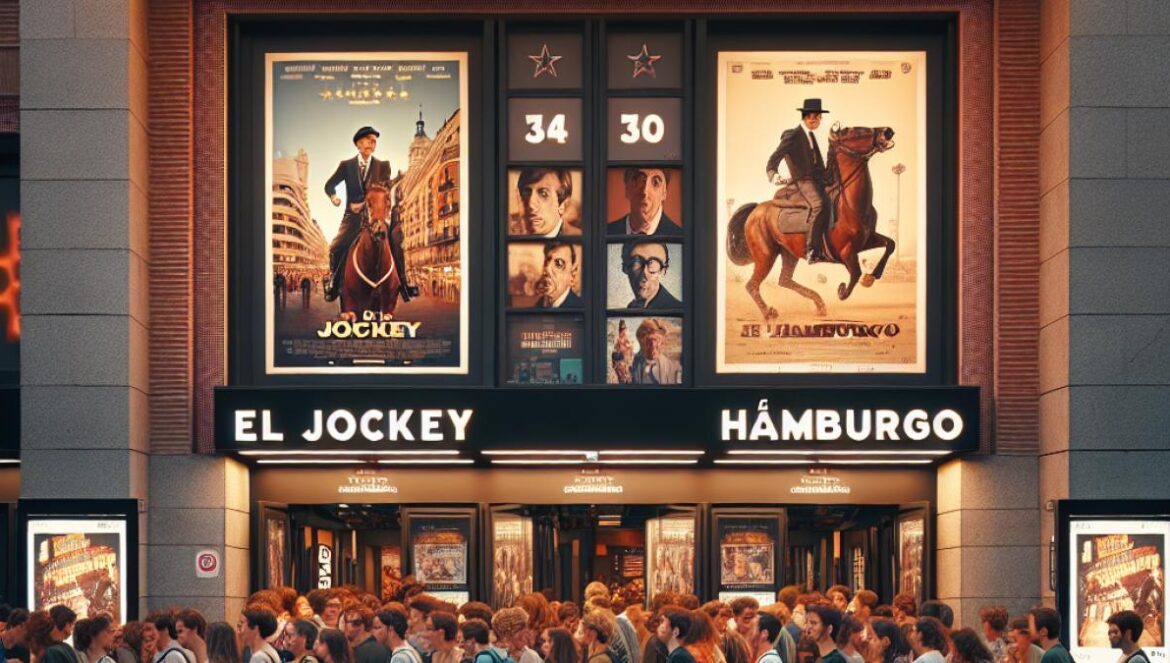 A lively cinema entrance in Madrid at dusk, photorealistic editorial style, diverse movie posters visible including 'El Jockey', 'Hamburgo', and a Wes Anderson film, excited crowd of all ages chatting and queuing, warm lighting with urban details.