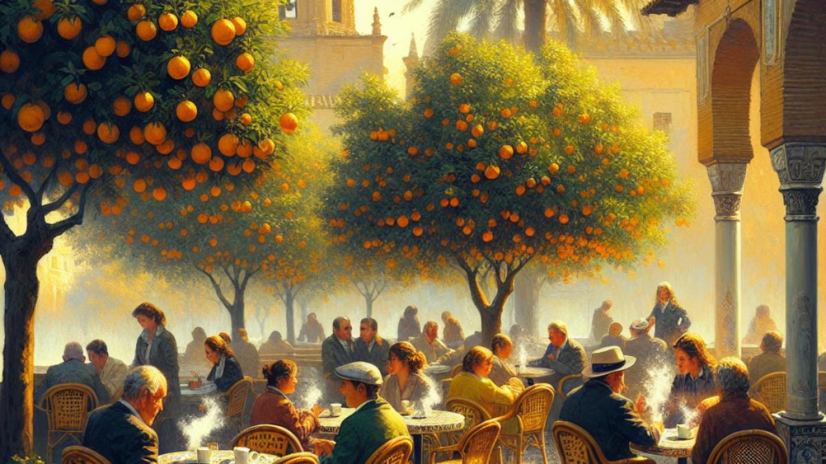 A traditional Andalusian café terrace in Córdoba, people enjoying coffee under orange trees, impressionist style, morning light, cups steaming gently on mosaic tables with a view of historic architecture.