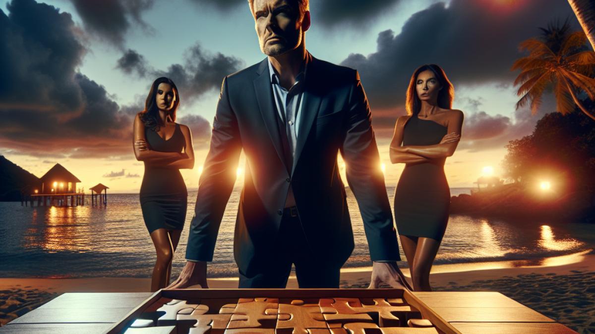 A tense moment on a tropical beach at dusk, three contestants standing anxiously around a wooden puzzle challenge, reality show style, dramatic lighting, raw emotions and the iconic host Denis Brogniart observing in the background.