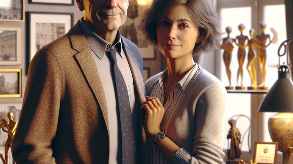 A mature French journalist couple at home, surrounded by personal mementos and media awards, photorealistic editorial style, warm soft lighting, subtle Parisian details hinting at their professional legacy and long relationship.