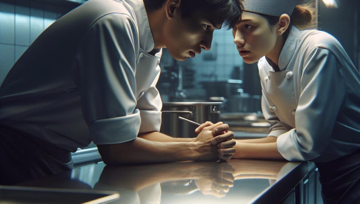 A tense restaurant kitchen scene at dusk, photorealistic editorial style, anxious young chefs in modern uniforms conferring near stainless steel workstations, subtle reflections on metallic surfaces, a sense of urgency and suspense.