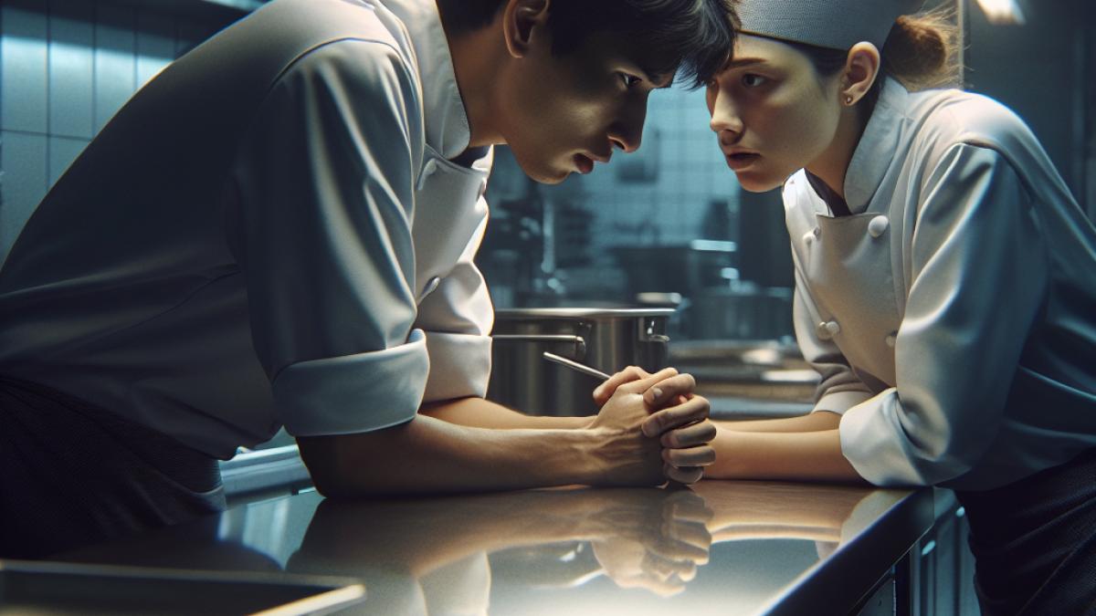 A tense restaurant kitchen scene at dusk, photorealistic editorial style, anxious young chefs in modern uniforms conferring near stainless steel workstations, subtle reflections on metallic surfaces, a sense of urgency and suspense.