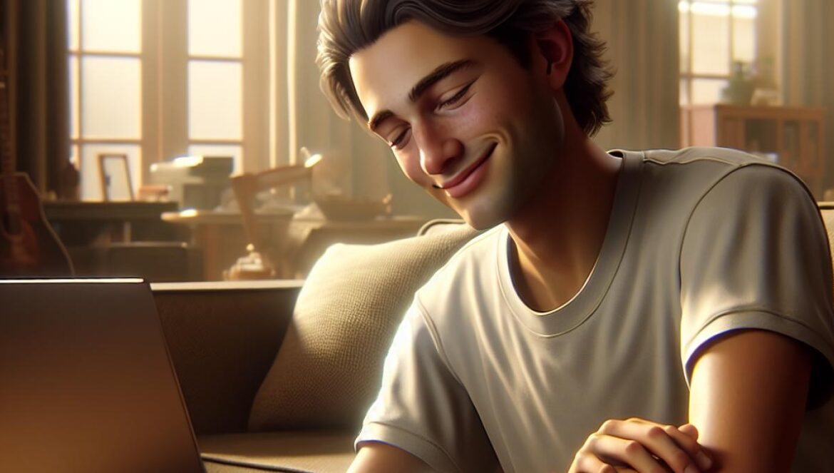 A young adult closing their laptop with a gentle smile in a cozy living room, photorealistic editorial style, soft natural light, subtle details of gaming peripherals left aside and a calming atmosphere suggesting relief and contentment.