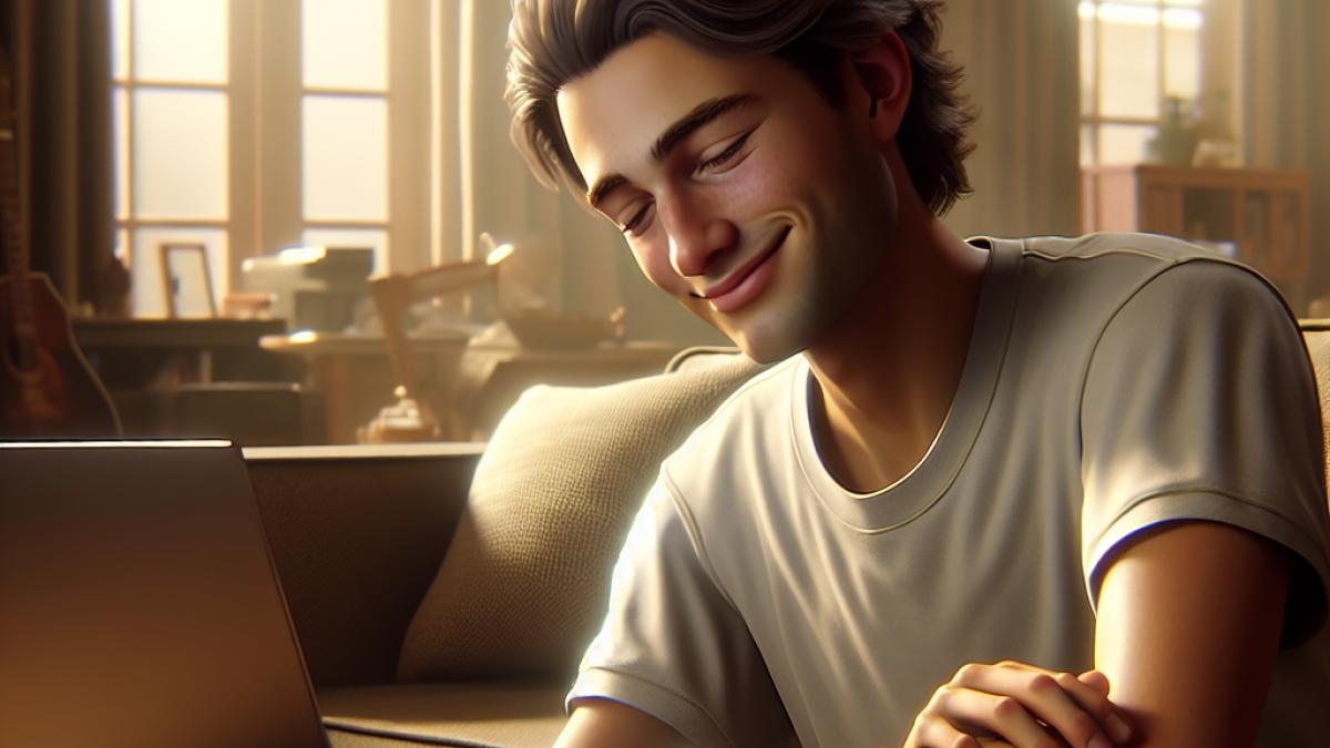 A young adult closing their laptop with a gentle smile in a cozy living room, photorealistic editorial style, soft natural light, subtle details of gaming peripherals left aside and a calming atmosphere suggesting relief and contentment.