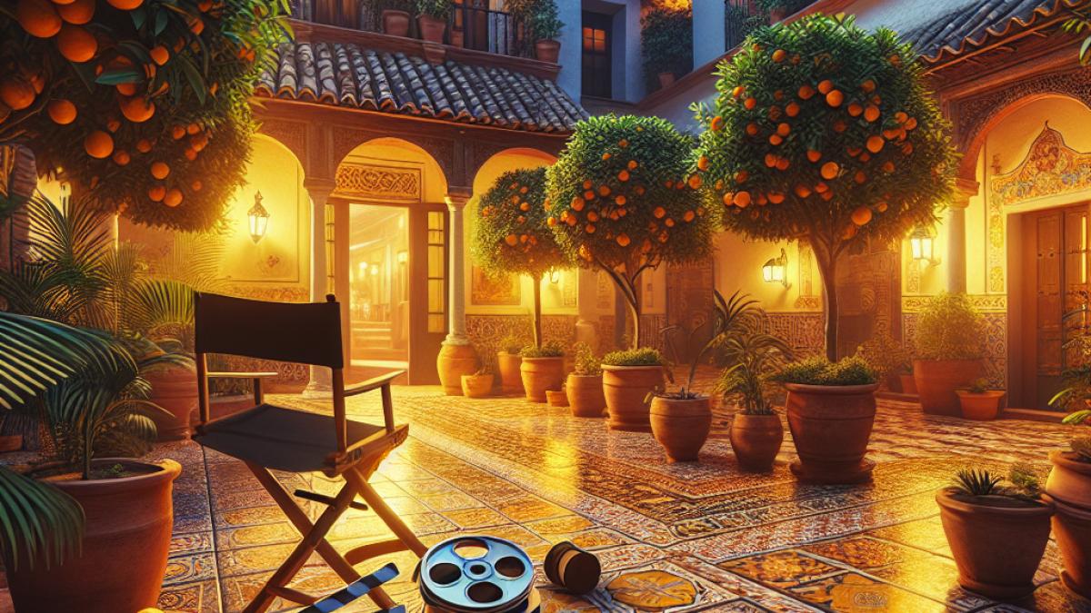A cozy Andalusian courtyard at twilight, with film reels and a director’s chair subtly placed among vibrant tiles and potted orange trees, digital painting style, warm golden lighting, inviting atmosphere blending Hollywood glamour with Córdoba heritage.