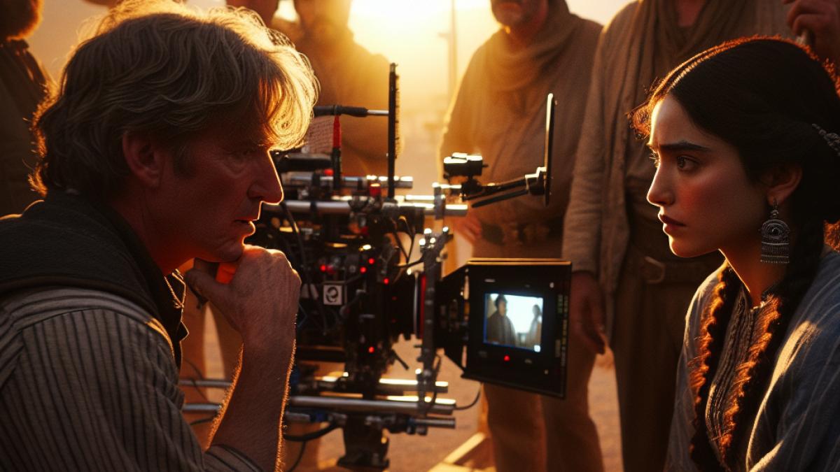 A tense movie set in Utah, with film crew and actors in period costumes, a concerned actress and director in intense discussion, photorealistic editorial style, soft afternoon light, subtle tension on faces and behind-the-scenes details visible.