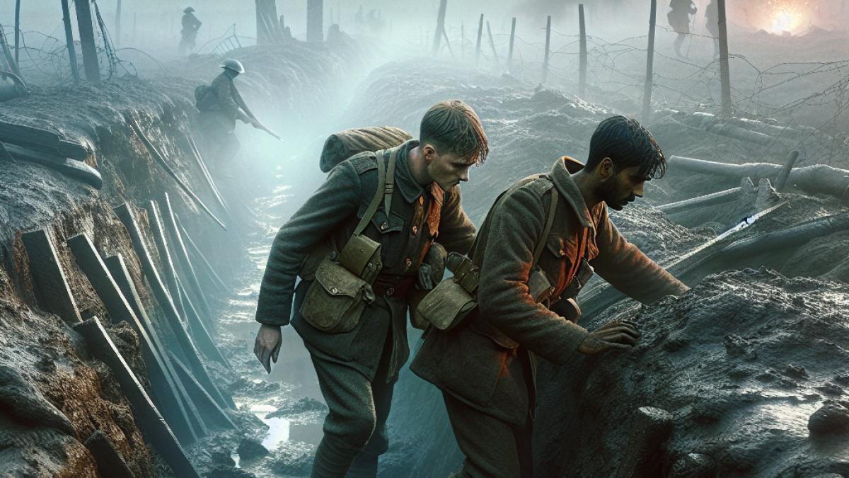A tense moment on a muddy World War I battlefield, two young British soldiers navigating bombed-out trenches at dawn, hyperrealistic style, misty lighting with muted colors and distant explosions for dramatic effect.