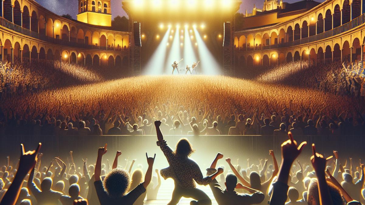 A dynamic nighttime scene of Teatro de la Axerquía in Córdoba during a live concert, photorealistic editorial style, stage lights illuminating an enthusiastic crowd, with the lead singer embodying Freddie Mercury's iconic pose, energetic atmosphere, Spanish architectural details visible in background.
