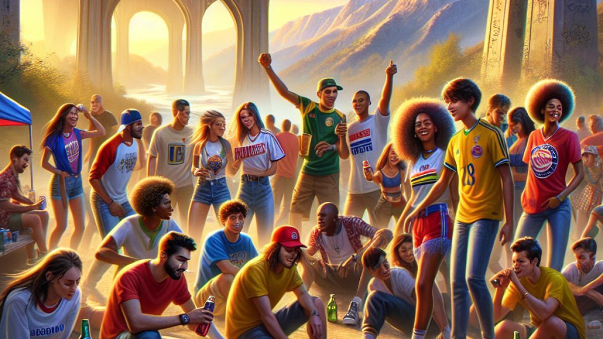 A vibrant crowd of young people gathered under the shade of El Arenal bridge in Córdoba during late afternoon, photorealistic editorial style, with groups wearing colorful slogan t-shirts, mountains of drink coolers and bottles, laughter and sunlight reflecting off the Guadalquivir river in the background.