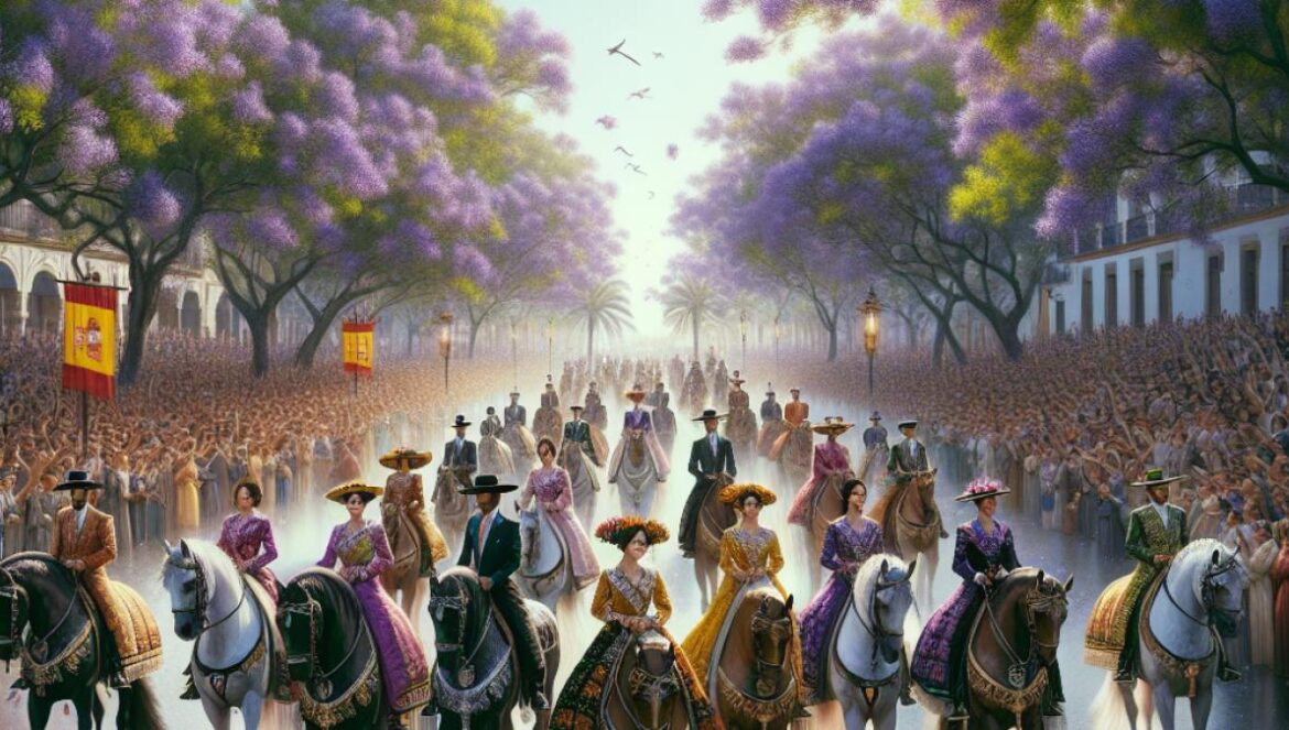 Elegant Andalusian horses and riders parading along a sunlit avenue in Córdoba during the fair, photorealistic editorial style, festive yet dignified mood, vibrant Spanish attire, crowds in traditional dress, blooming jacarandas overhead.