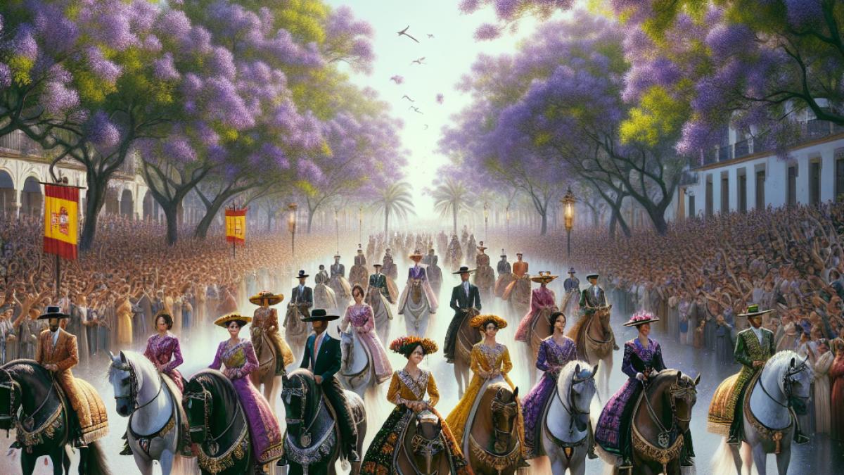 Elegant Andalusian horses and riders parading along a sunlit avenue in Córdoba during the fair, photorealistic editorial style, festive yet dignified mood, vibrant Spanish attire, crowds in traditional dress, blooming jacarandas overhead.