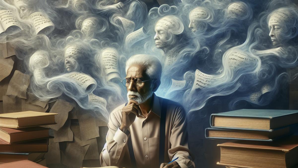 An elderly man sitting pensively at a wooden desk surrounded by half-finished books and swirling ghostly ideas, surrealist style, soft moody lighting, details of handwritten notes blurring into clouds of imagination.