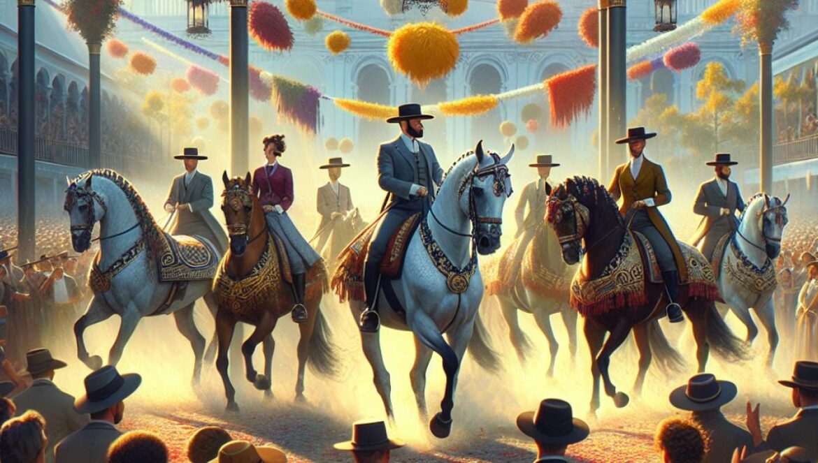 A lively scene at the Feria de Córdoba, elegant Andalusian horses with riders in traditional attire parading through a sunlit fairground, photorealistic editorial style, vibrant festive atmosphere, vivid colors, and crowds admiring the spectacle.