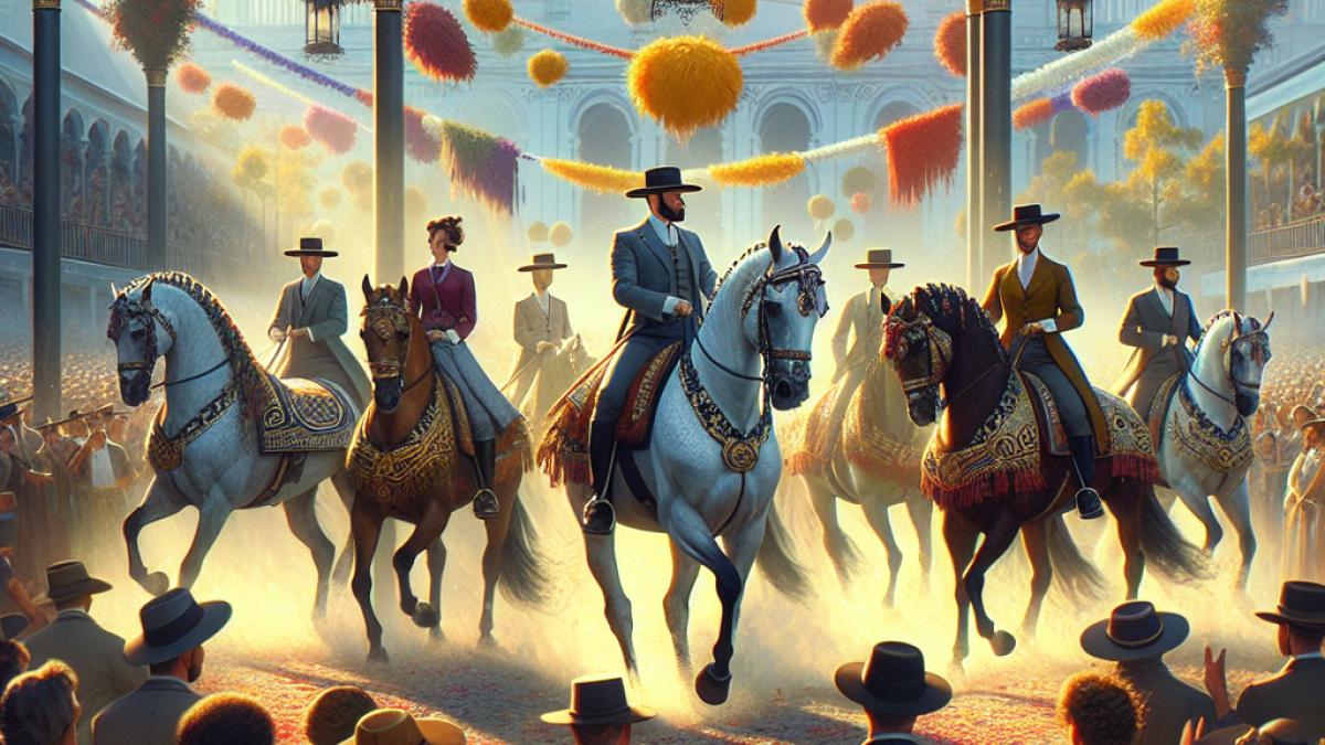 A lively scene at the Feria de Córdoba, elegant Andalusian horses with riders in traditional attire parading through a sunlit fairground, photorealistic editorial style, vibrant festive atmosphere, vivid colors, and crowds admiring the spectacle.