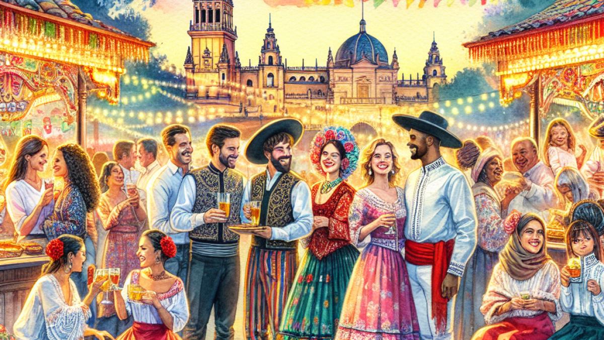 A lively scene at the Feria de Córdoba at sunset, families and friends gathered around brightly decorated casetas, traditional Andalusian dresses and suits, festive lighting, background of colorful fair attractions and food stalls, watercolor style, joyful atmosphere.