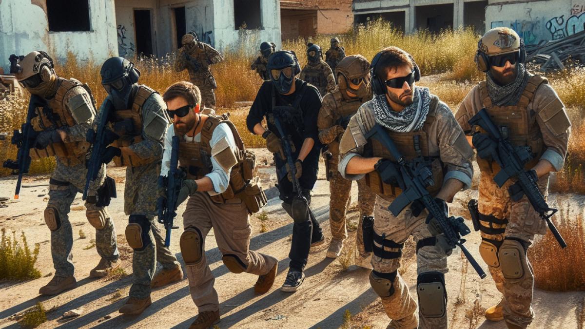 A group of airsoft players in tactical gear navigating through an abandoned Spanish suburban development near Valencia, photorealistic editorial style, afternoon sunlight casting dramatic shadows, crumbling buildings with overgrown weeds, a sense of excitement and camaraderie among the players.