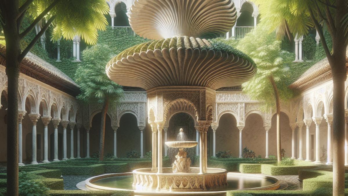 A lush garden patio inside the Palacio del Bailío in Córdoba, showcasing a tiered Renaissance fountain beneath a giant shell-shaped canopy, photorealistic editorial style, soft daylight with dappled shadows, elegant architectural details and touches of Moorish design.